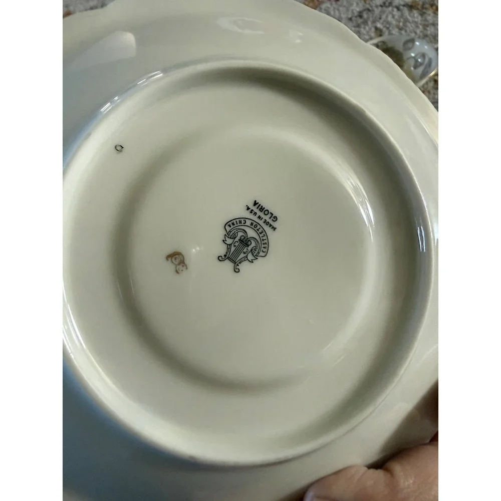 Castleton China Gloria Grey Rose Tea Cup and Saucer Set of 9 Made in USA Vintage